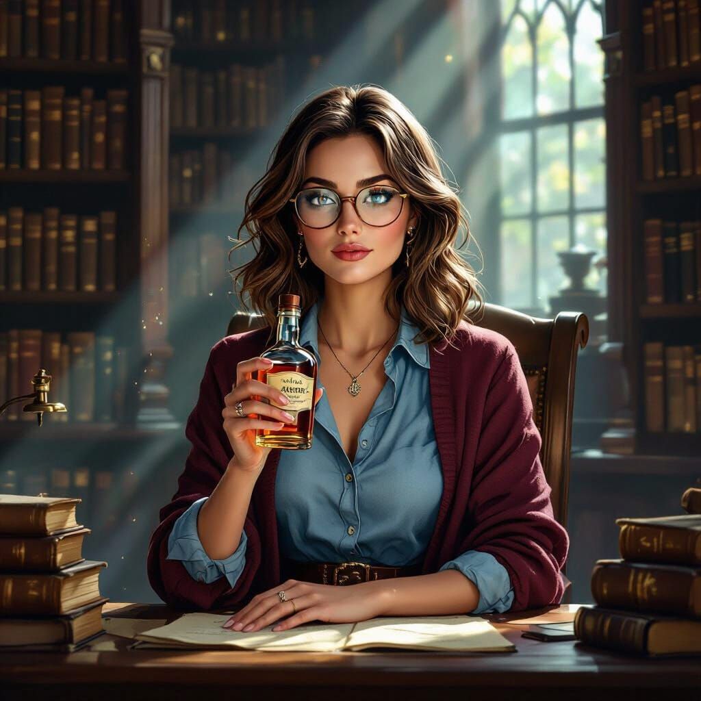 Woman Drinking Whiskey in Antique Library in Rembrandt Style