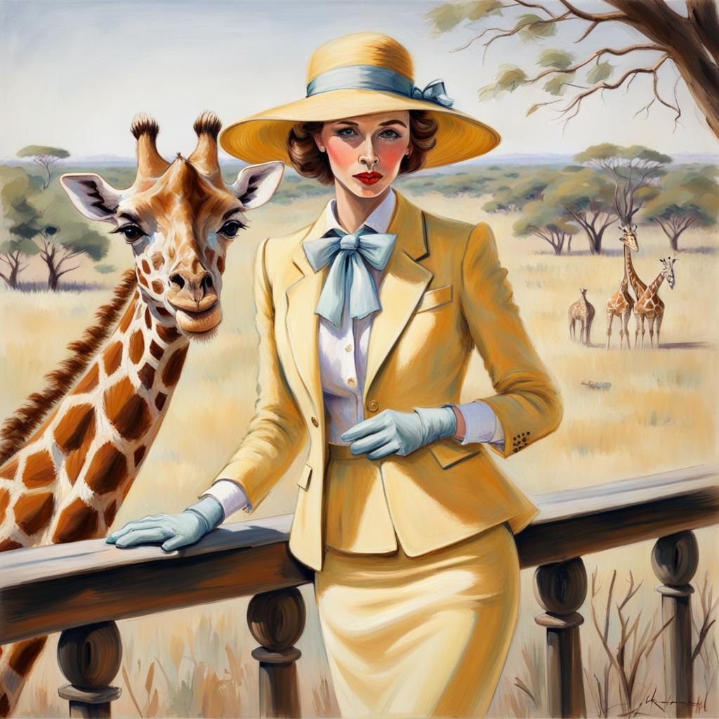 Elegant Woman Shares Breakfast With Giraffe: Pastel Sketch