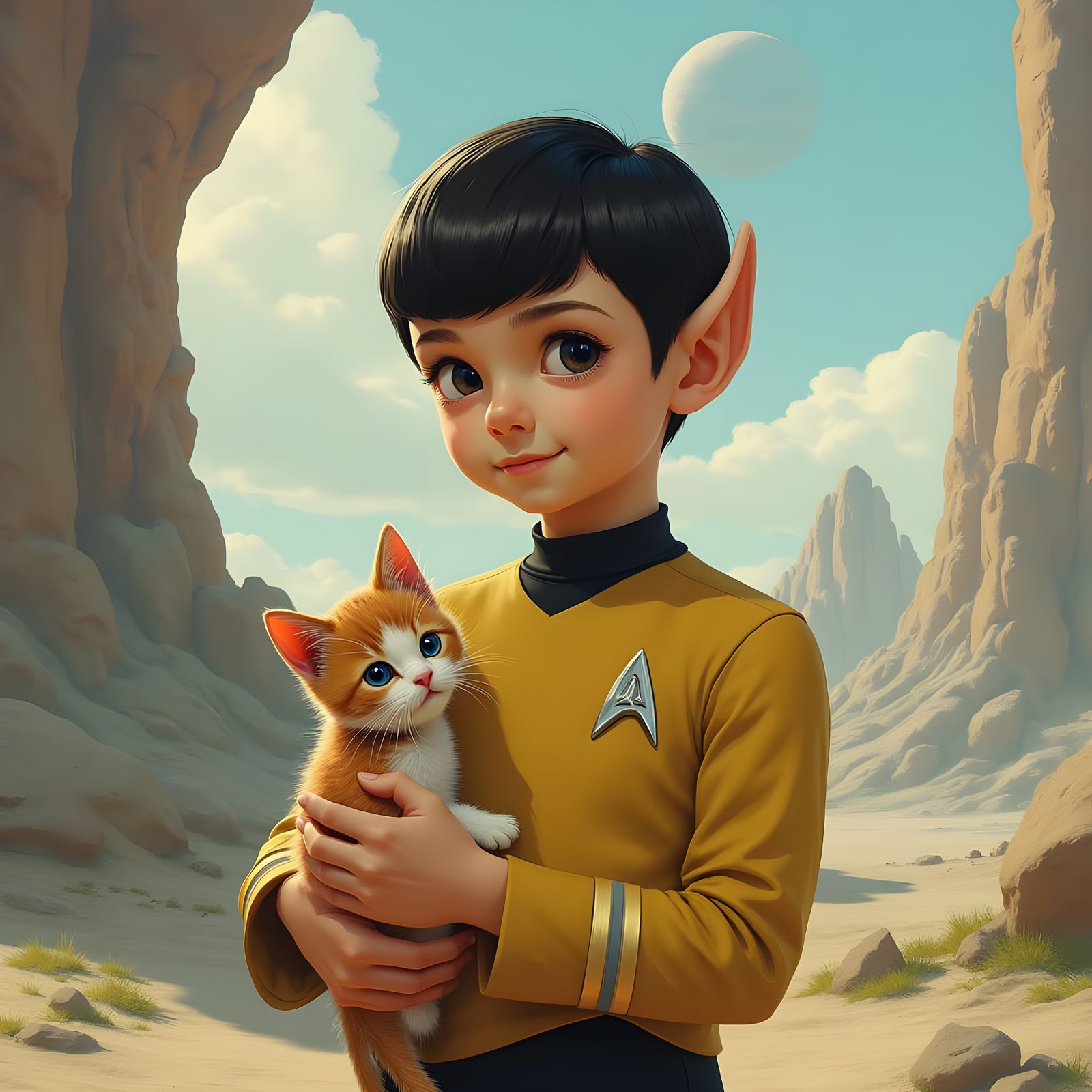 Young Spock with Kitten in Digital Painting Style