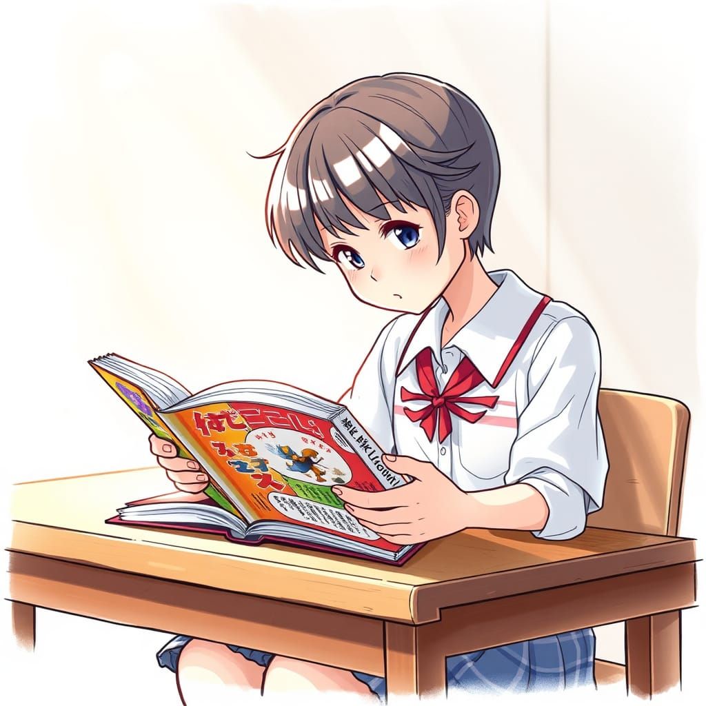 Manga-Style Schoolgirl Absorbed in Storybook