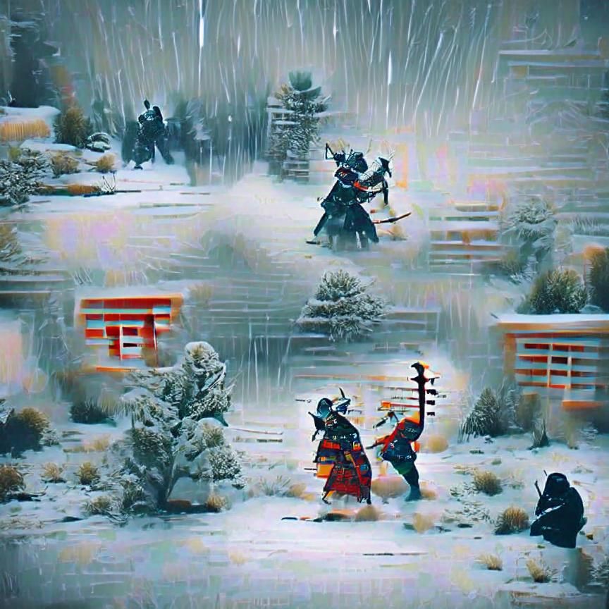Samurai Battle in Snow-Covered Landscape