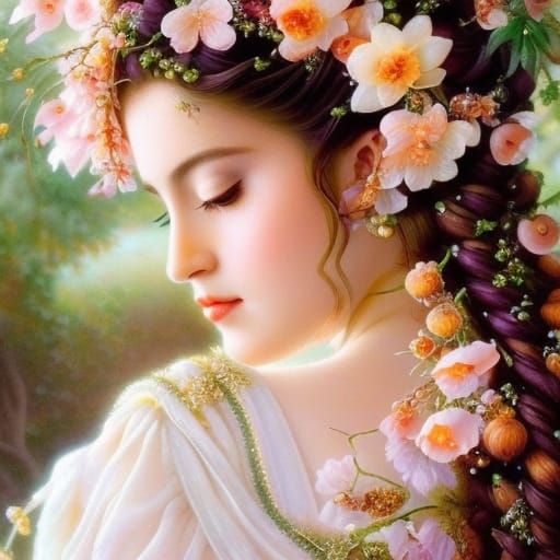 Peach Fairy Portrait with Blossoms in Art Nouveau Style