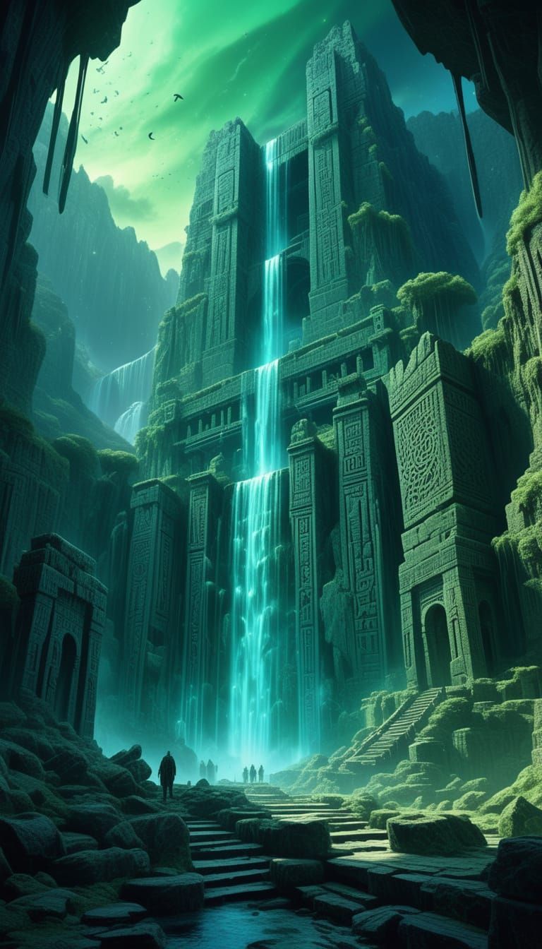 Ethereal Ancient City Carved Into Mountain Under Aurora