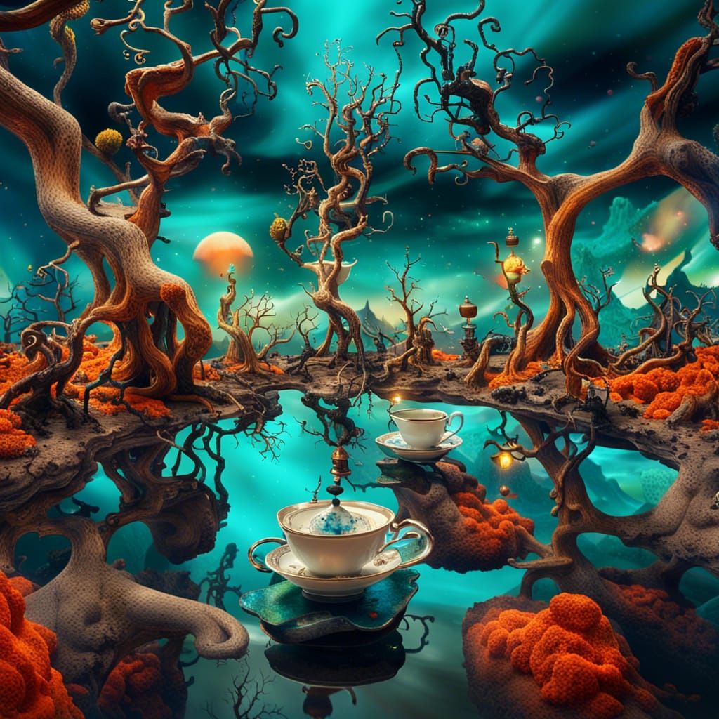 Surreal Fantasy Landscape in Tim Burton and Dalí Style