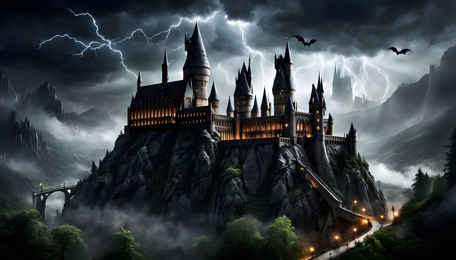 Hogwarts Castle in Mysterious Stormy Night