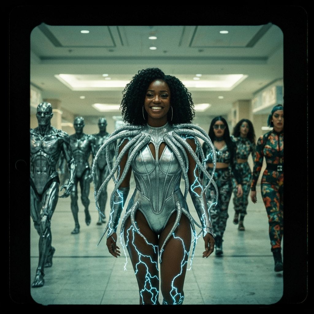 Noir-esque Black Woman in Cyberpunk Mall Chase