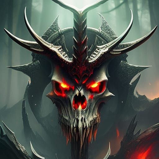 very close skull with a big wing warrior, looking terror, the background is a fantasy forest, firelight, highly detail...
