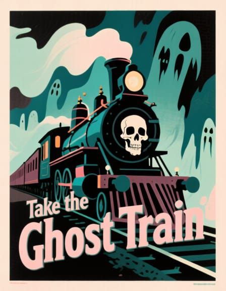 Vintage Haunted Train Travel Poster with Skull