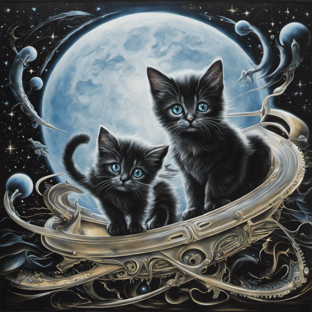 Biomechanical Kittens Pouncing on Stars, Airbrush Art