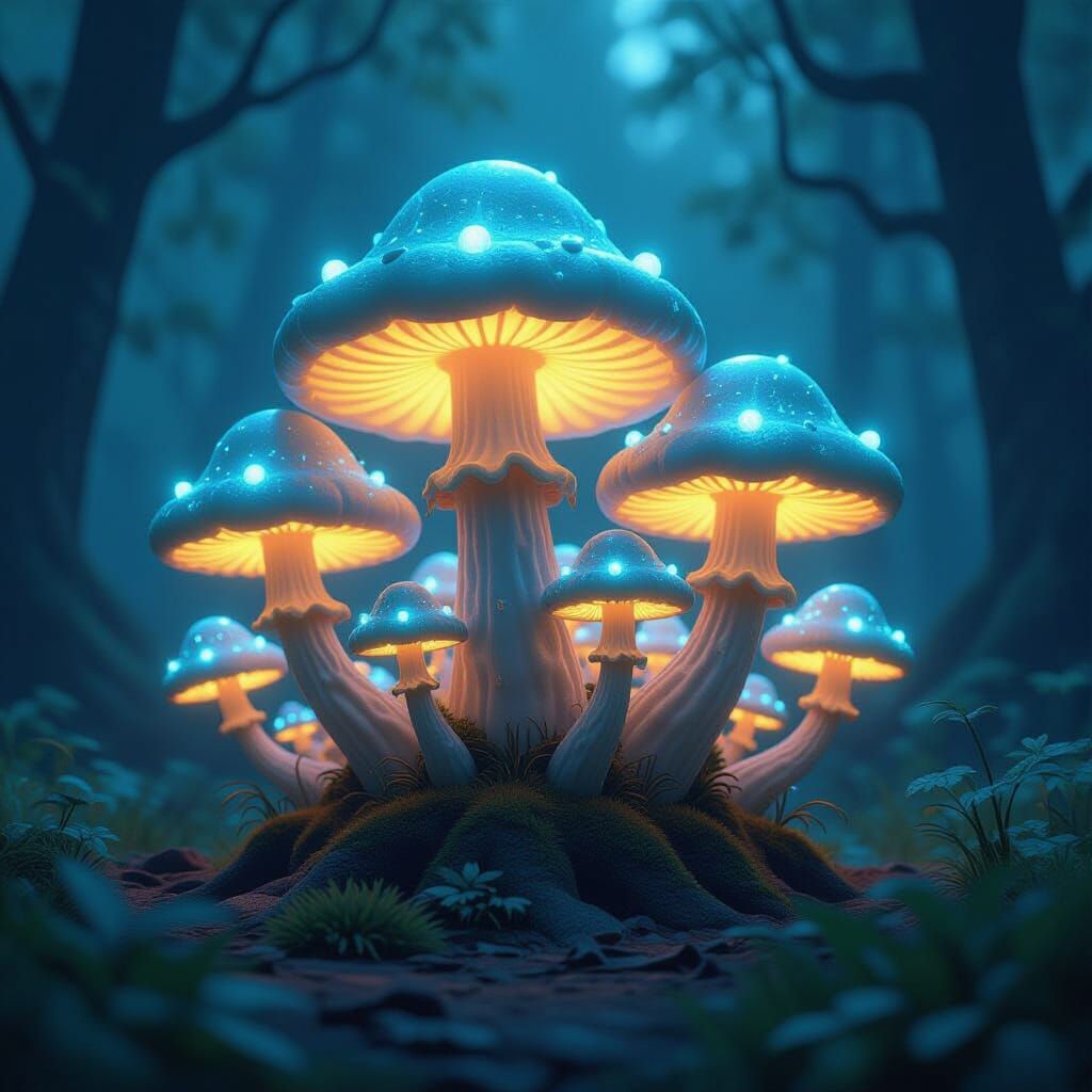 Bioluminescent Zombie Mushrooms in Mystical Forest
