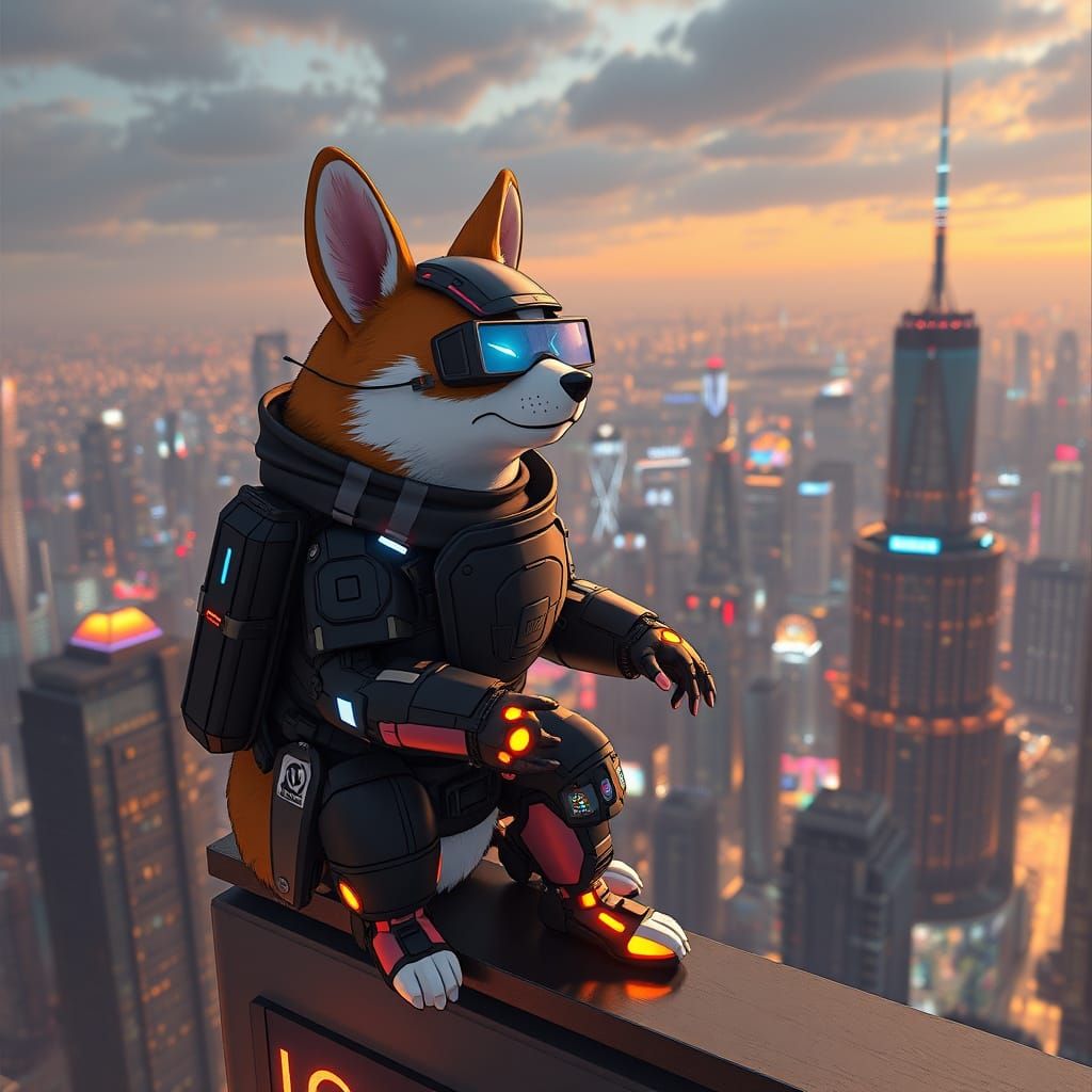 Cybernetic Corgi Assassin on Skyscraper in 3D Anime Style