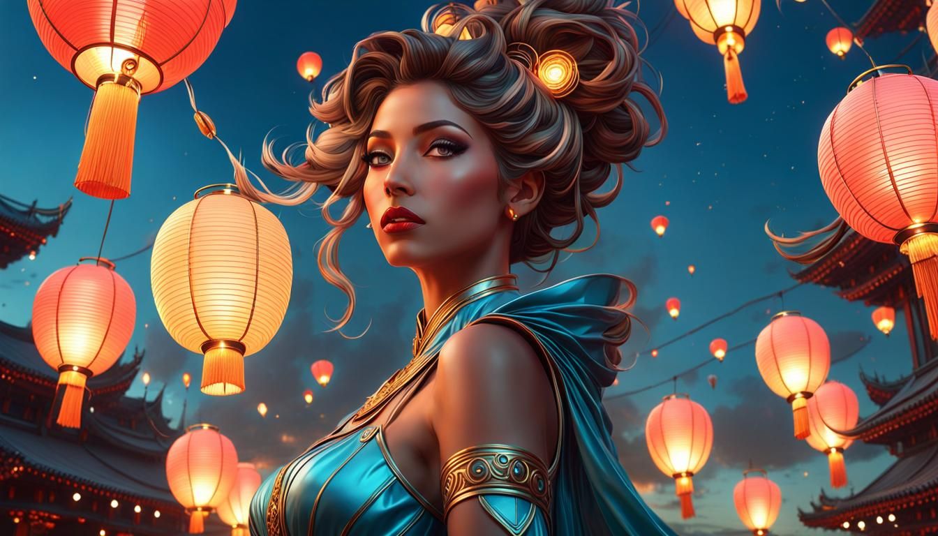 Futuristic Woman Releases Lanterns in Ethereal Sky