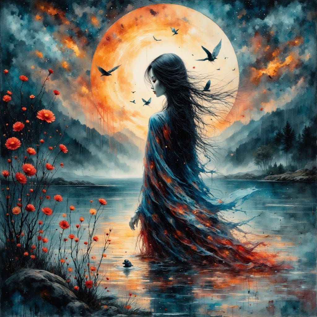 Asian Water Nymph in Surreal Celestial Landscape