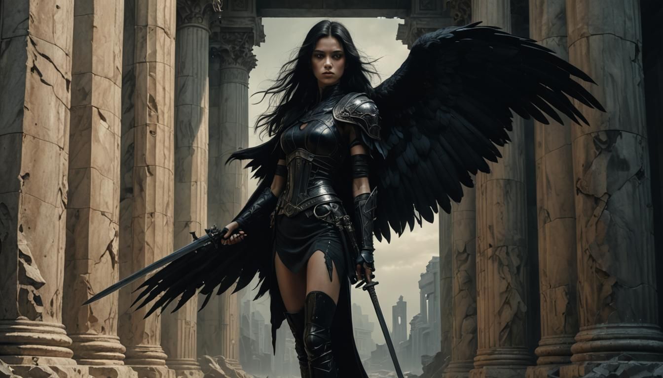 Dark Fantasy Woman with Saber in Surreal Setting