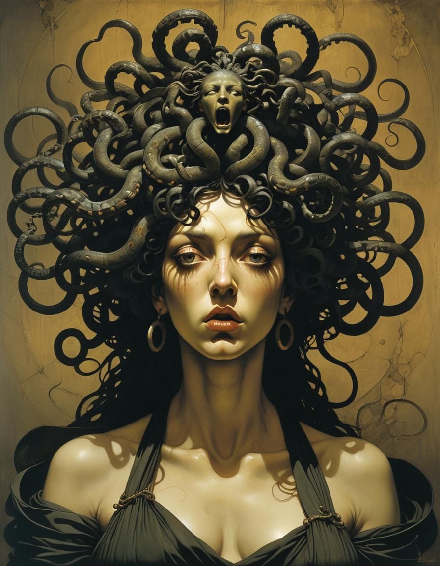 Surreal Medusa with a Twist on Ancient Mythology in Cyberpun...