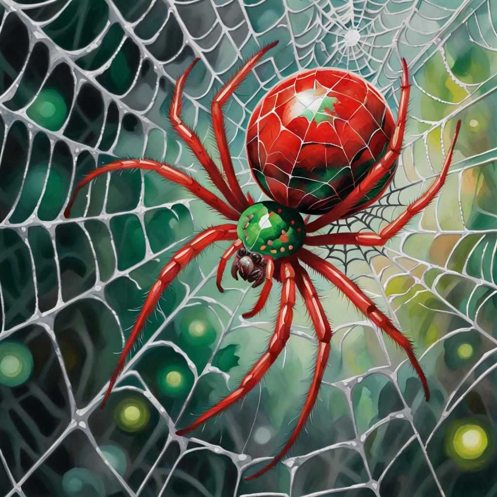 Orb Spider in Silver Web: Impressionist Gouache Painting