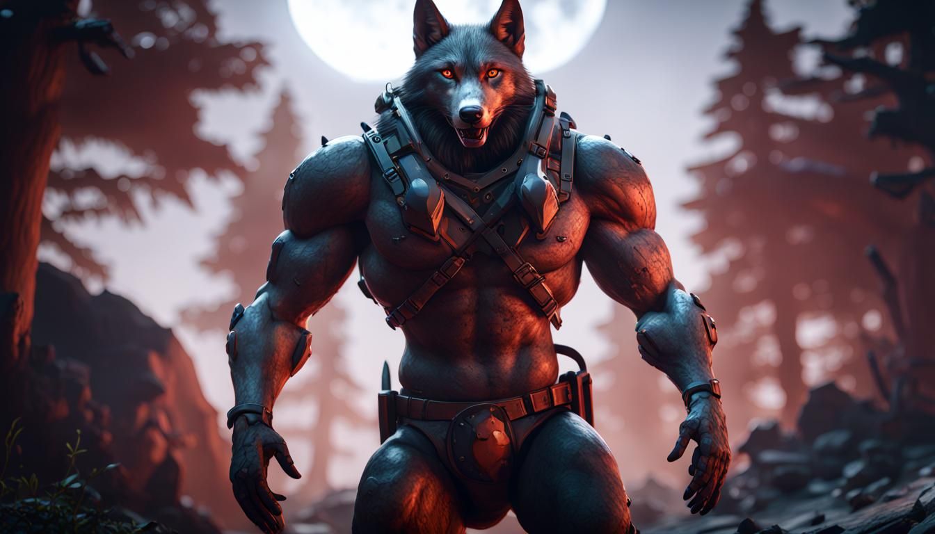 Black and Red Wolves in Moonlit Forest: 3D Render