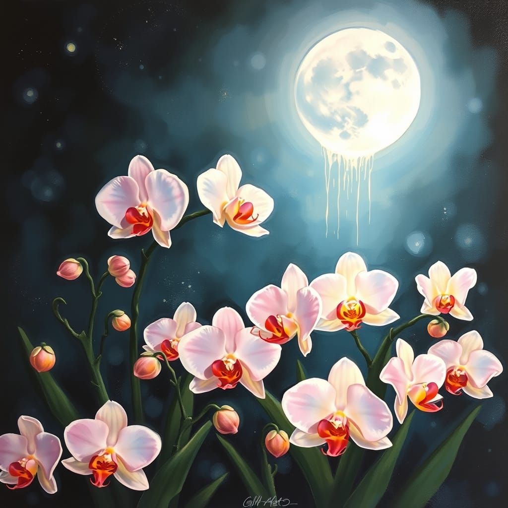 Oversized Translucent Orchids Bathed in Silver Moonlight