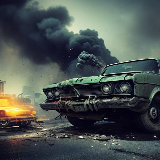 Vintage Car Crash in Dramatic Digital Painting