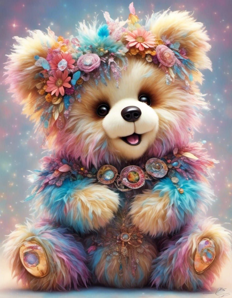 Hyperreal Colorful Teddy Bear in a Land Far Away