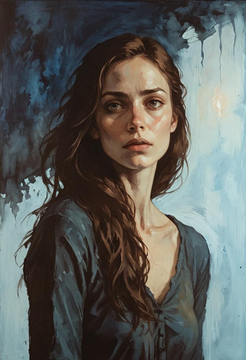 Eerie Acrylic Painting of Girl in Dark Room