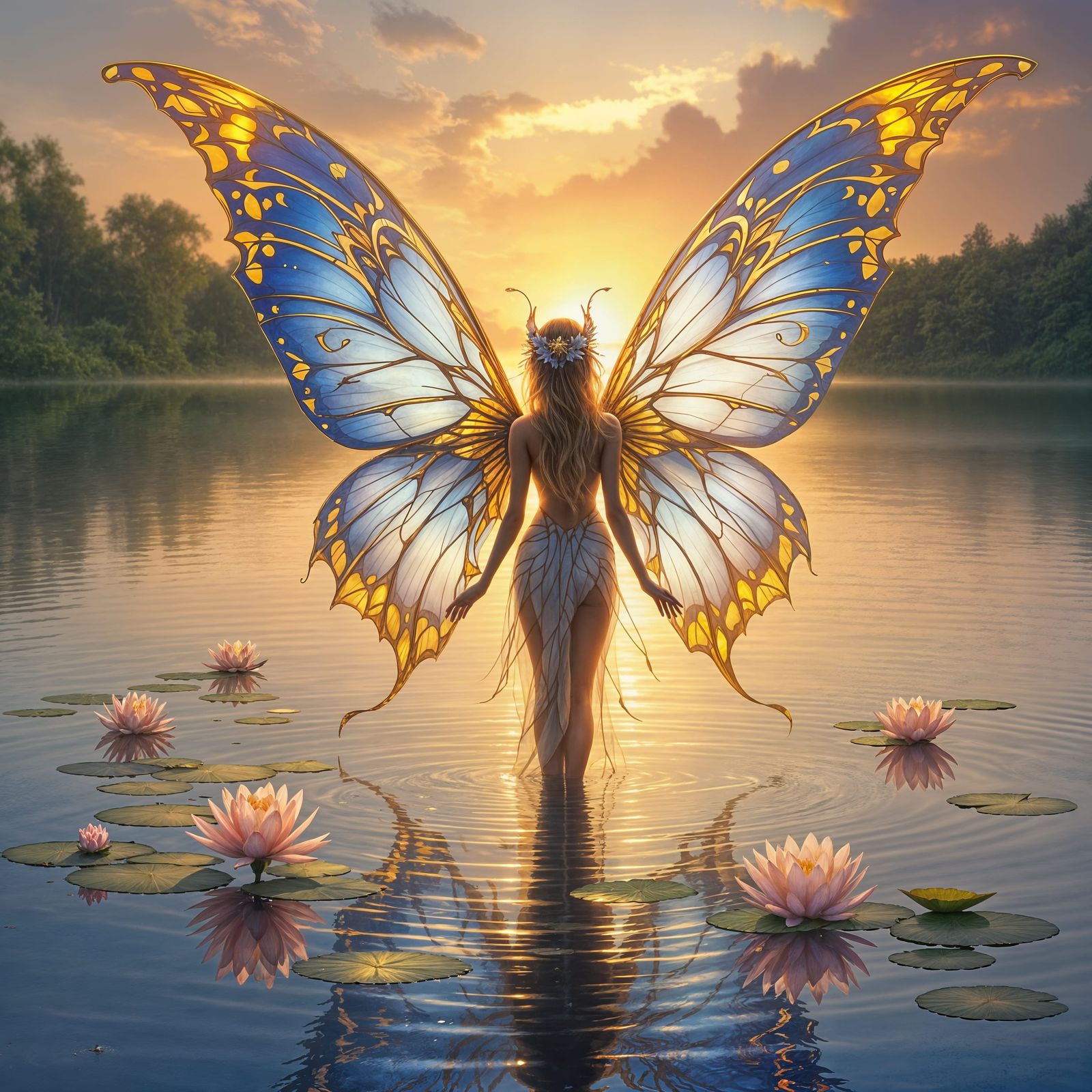 Ethereal Fairy Goddess in Sunset Reflection