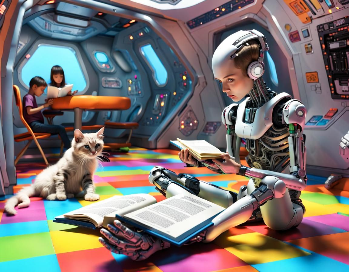 Cyborg Reading to Children in Spaceship, Photorealistic