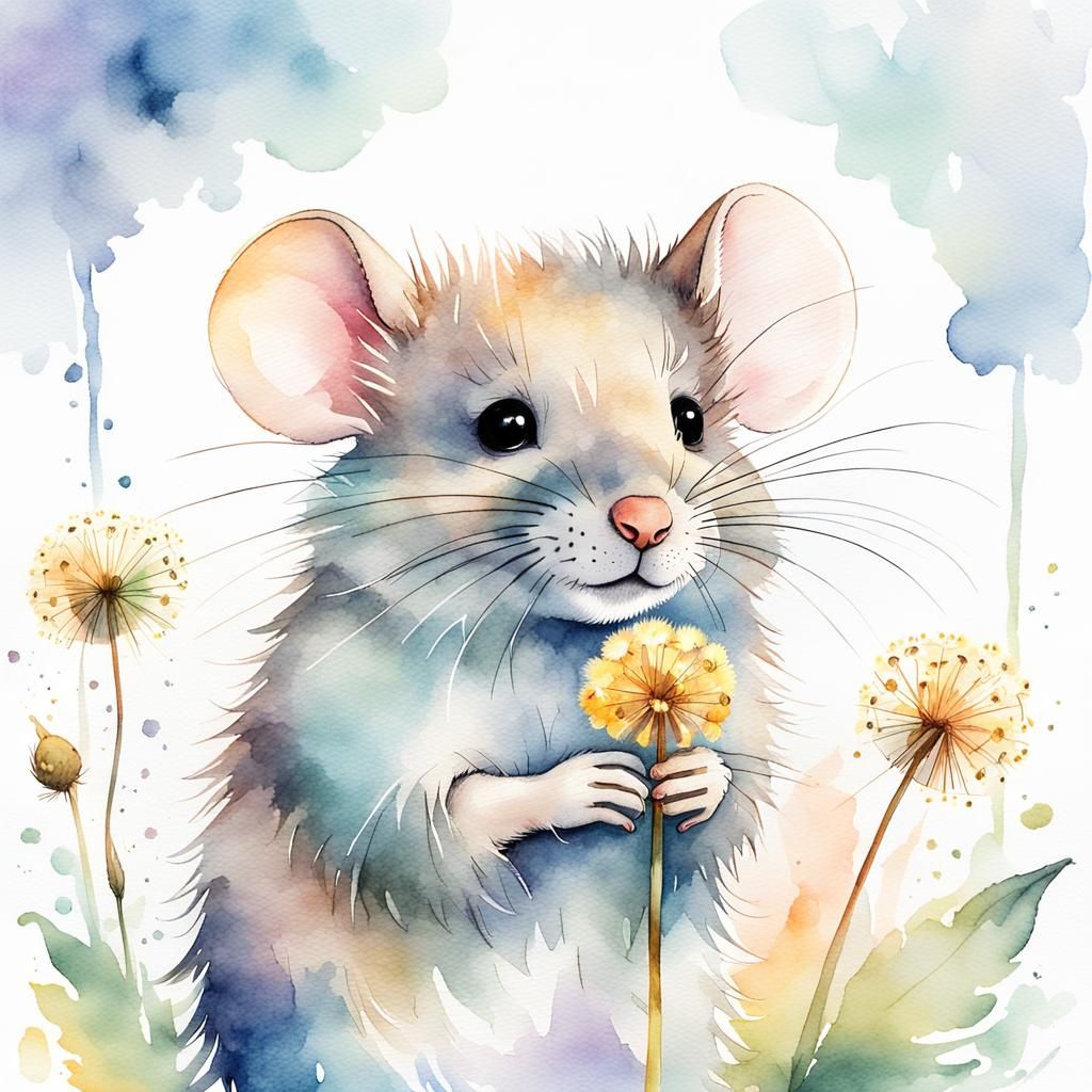 Fluffy Mouse with Dandelion in Watercolor Style