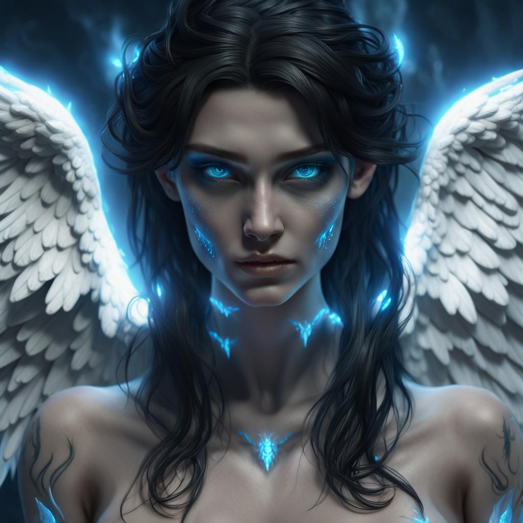 Demonic Angel with Bioluminescent Halo: Hyperrealistic Digit...