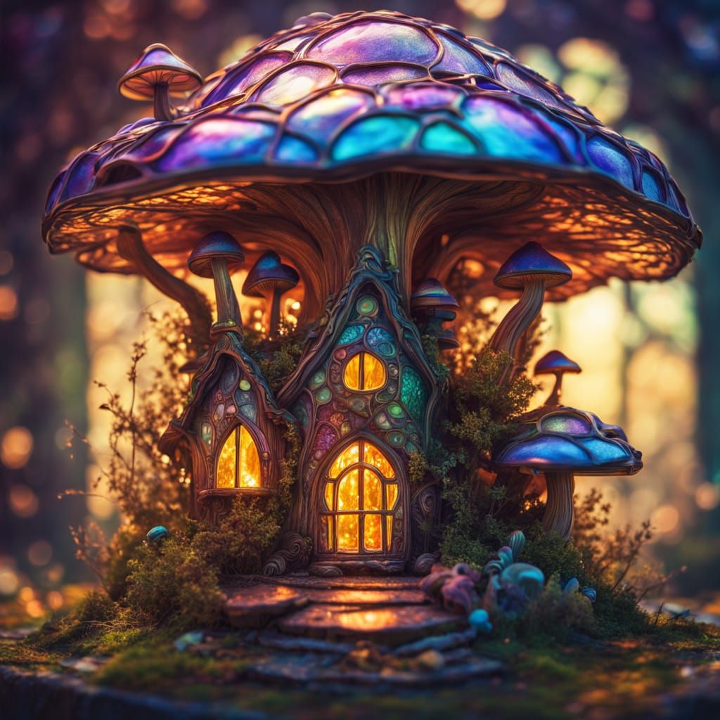 Leaded Glass Magic Mushroom House in Macro