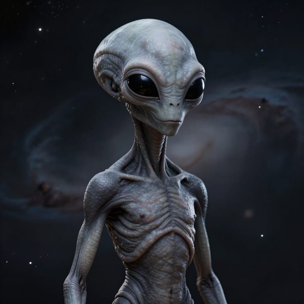 Hyperrealistic Gray Alien in Cosmic Setting