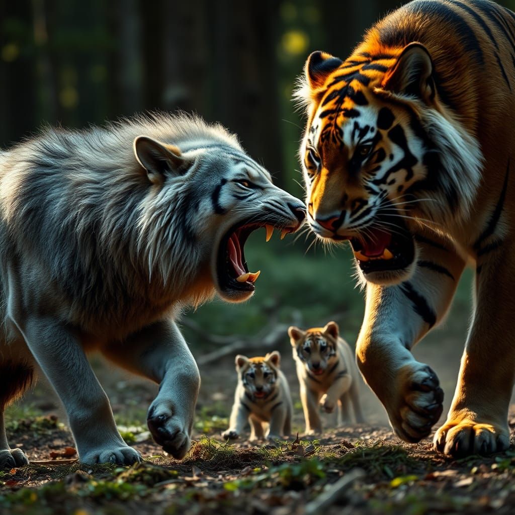 Wolf Attacks Tiger to Save Pup: Cinematic Scene
