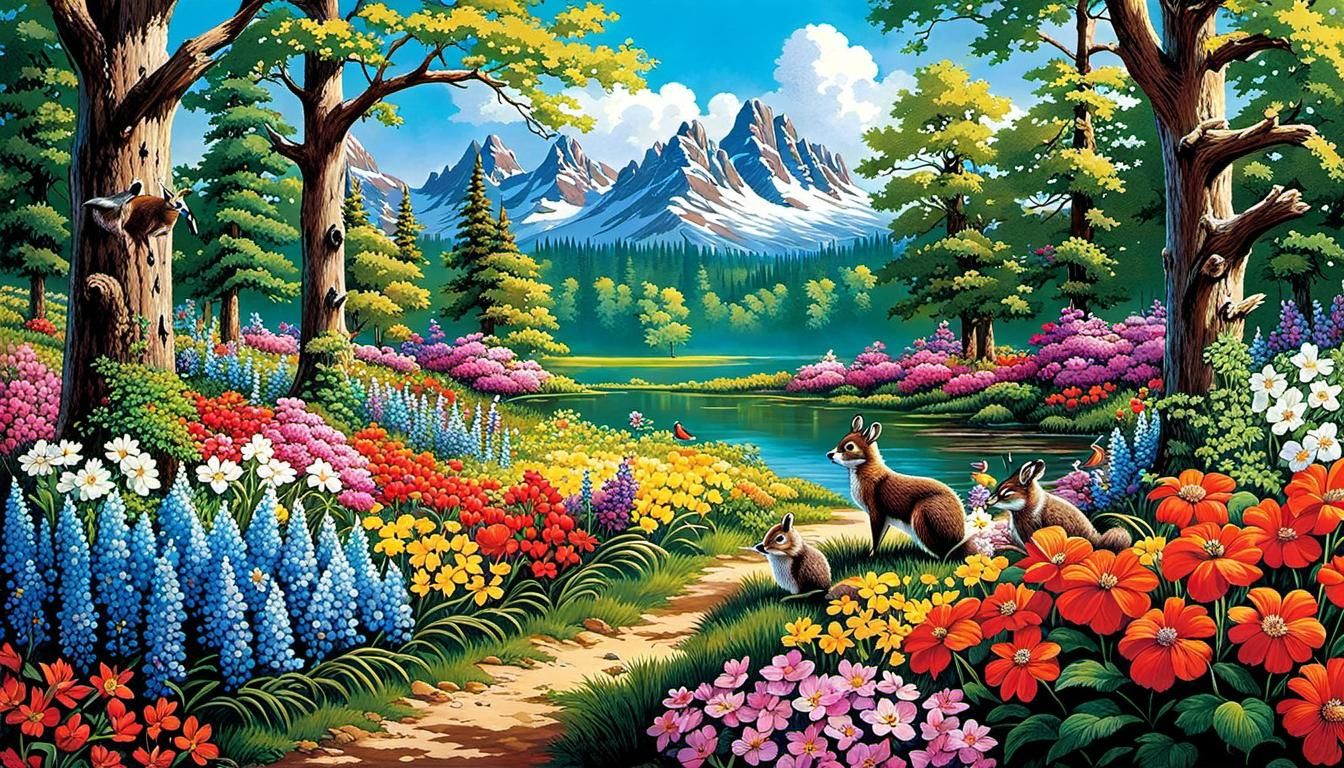 Realistic Woodlands with Animals and Blooming Flowers
