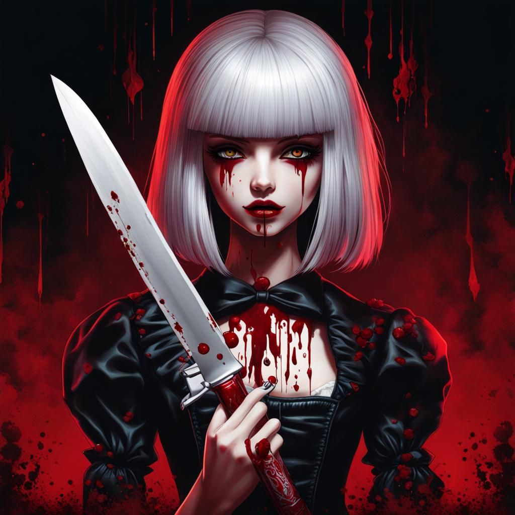 Creepy Doll Girl with Knife and Red Eyes