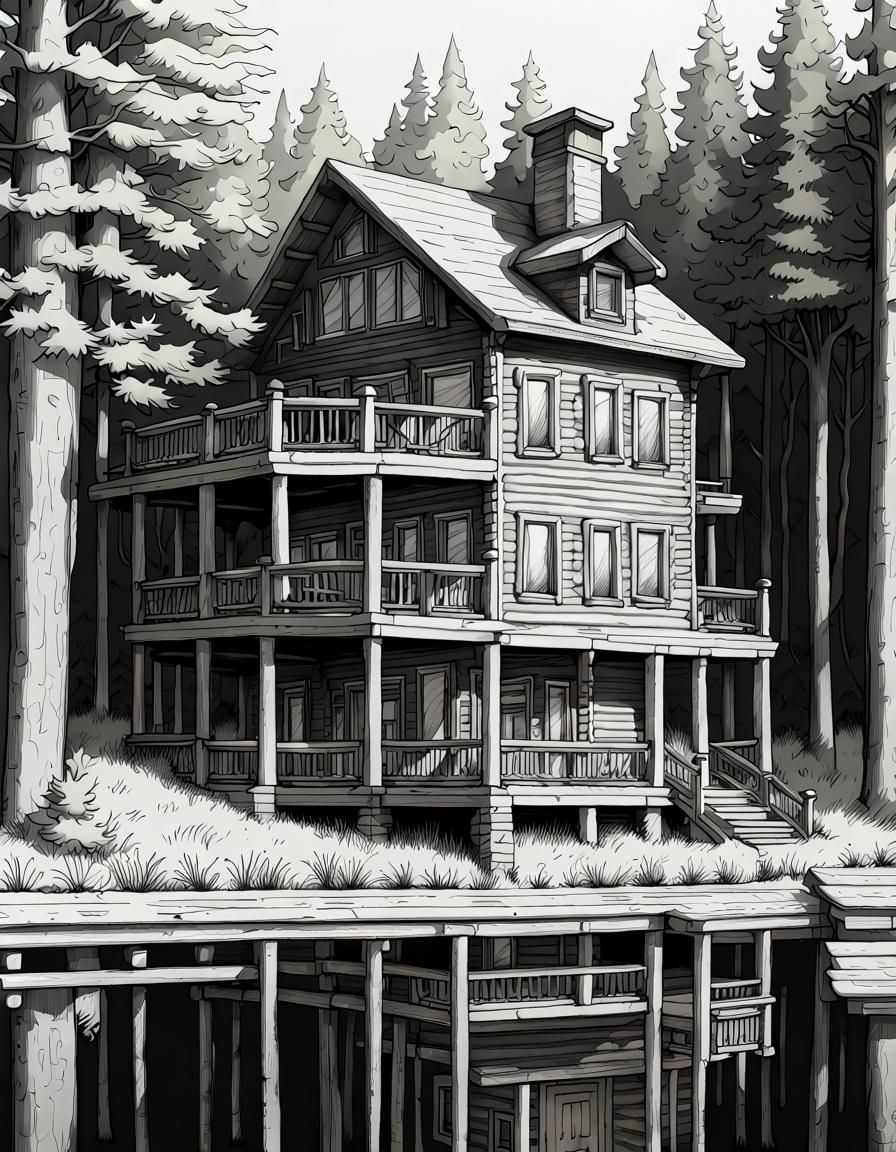Lakeside Log Cabin Mansion: Detailed Line Art Drawing