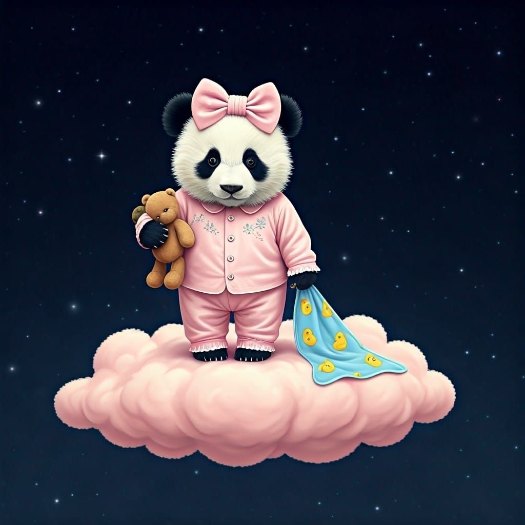 Panda on Pink Cloud in Starry Night Sky
