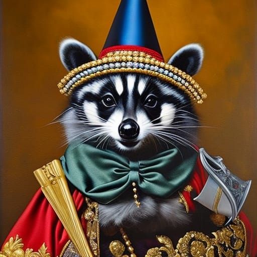 Raccoon Court Jester in Baroque Oil Painting