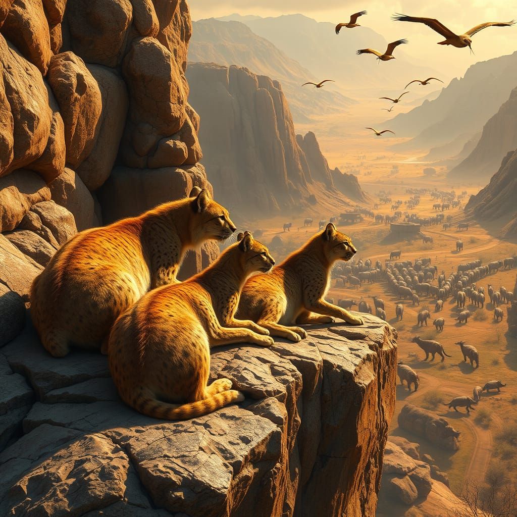 Saber-Toothed Cats Overlook Prehistoric Valley