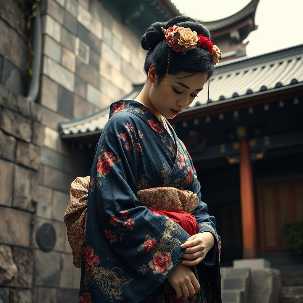 Mourning Geisha in Kimono: Ukiyo-e Style