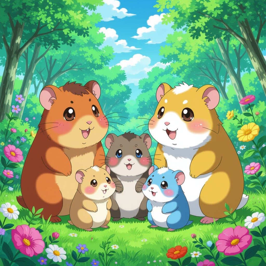 Dreamy Anime Hamster Family Portrait