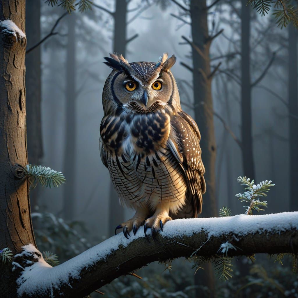 Winter Night Forest Scene with Large Owl