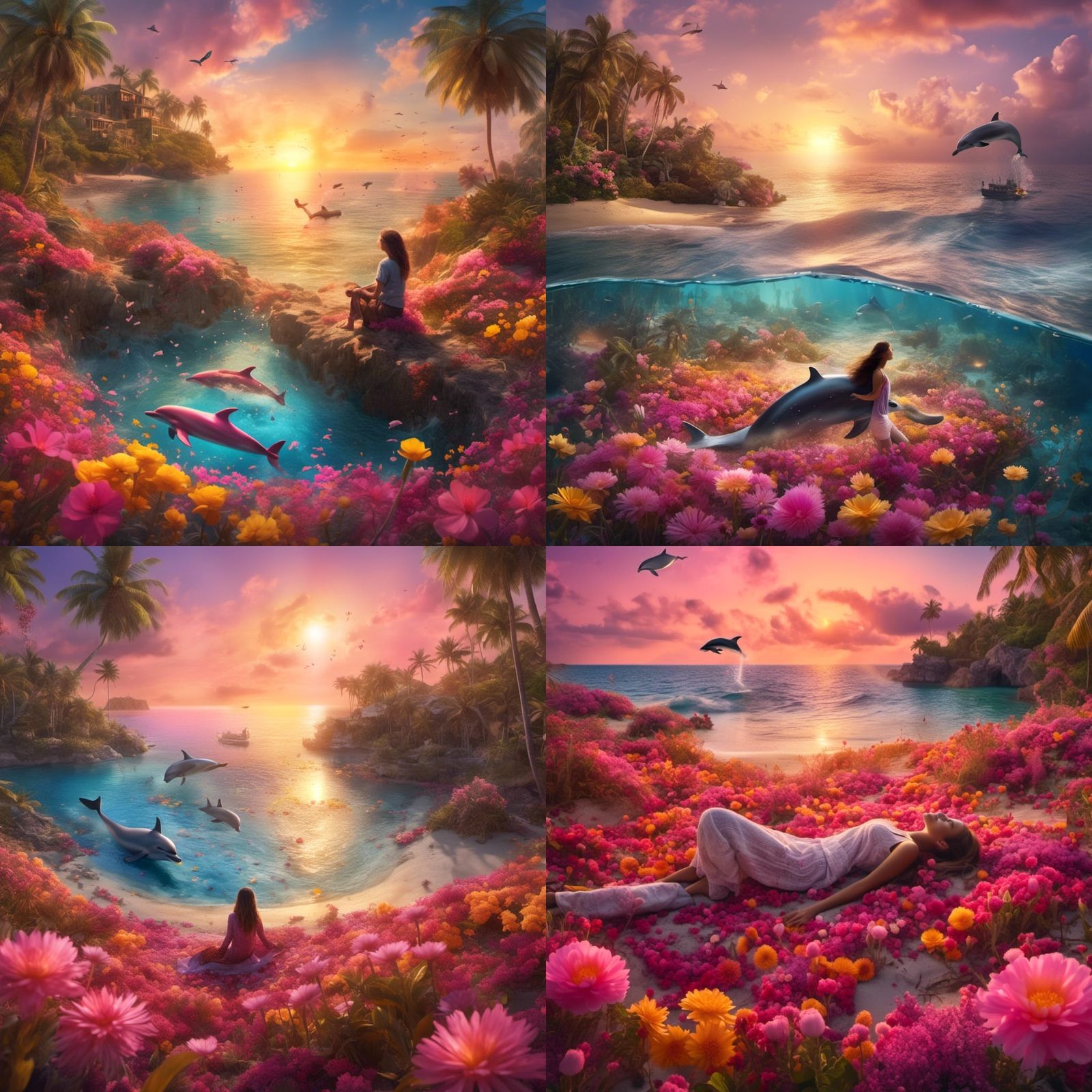 Desert Island Sunset with Woman and Flowers