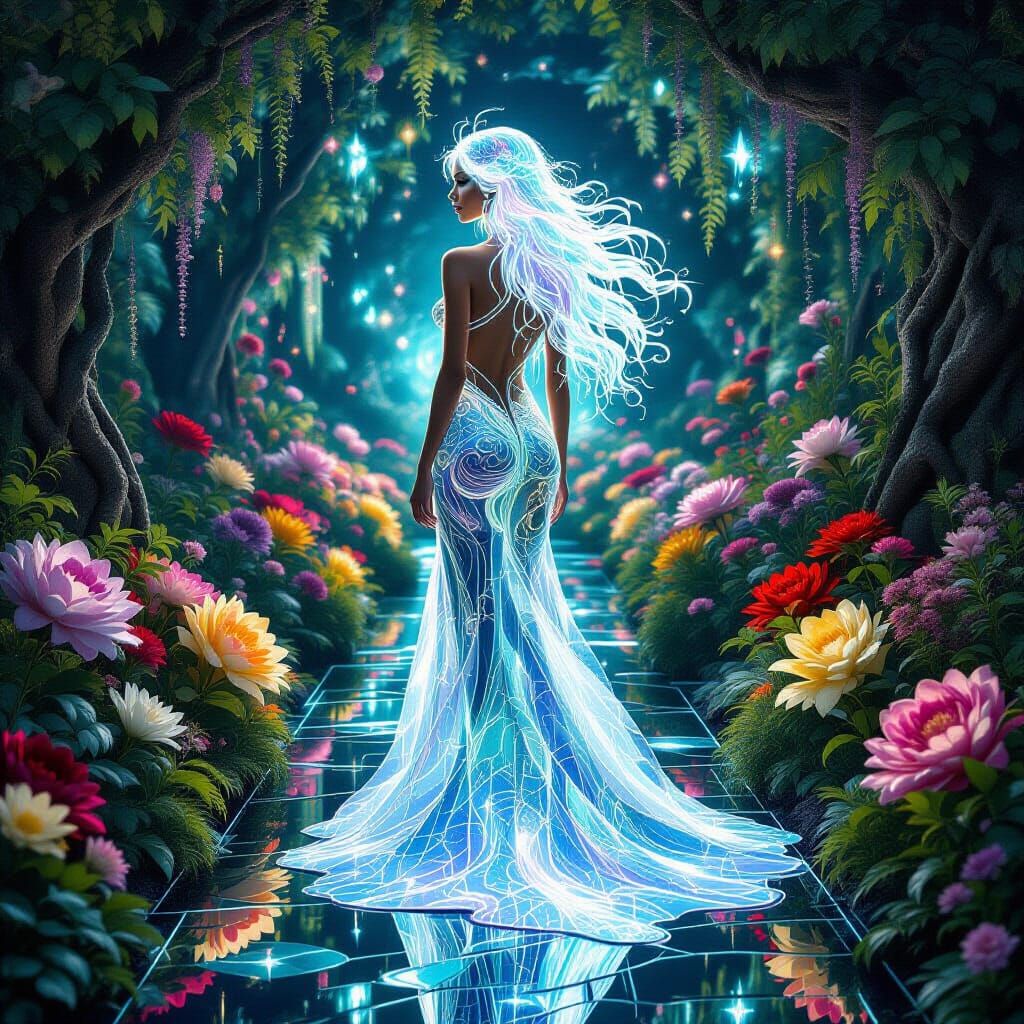 Bioluminescent Garden with Mirror Roots and Mythical Creatur...