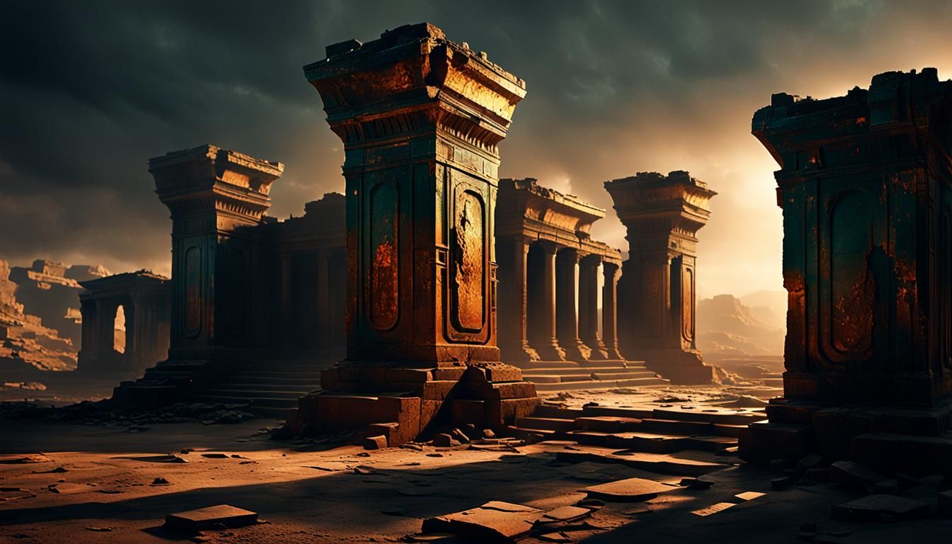 Ancient Relic in Ruined Cityscape: Futurism