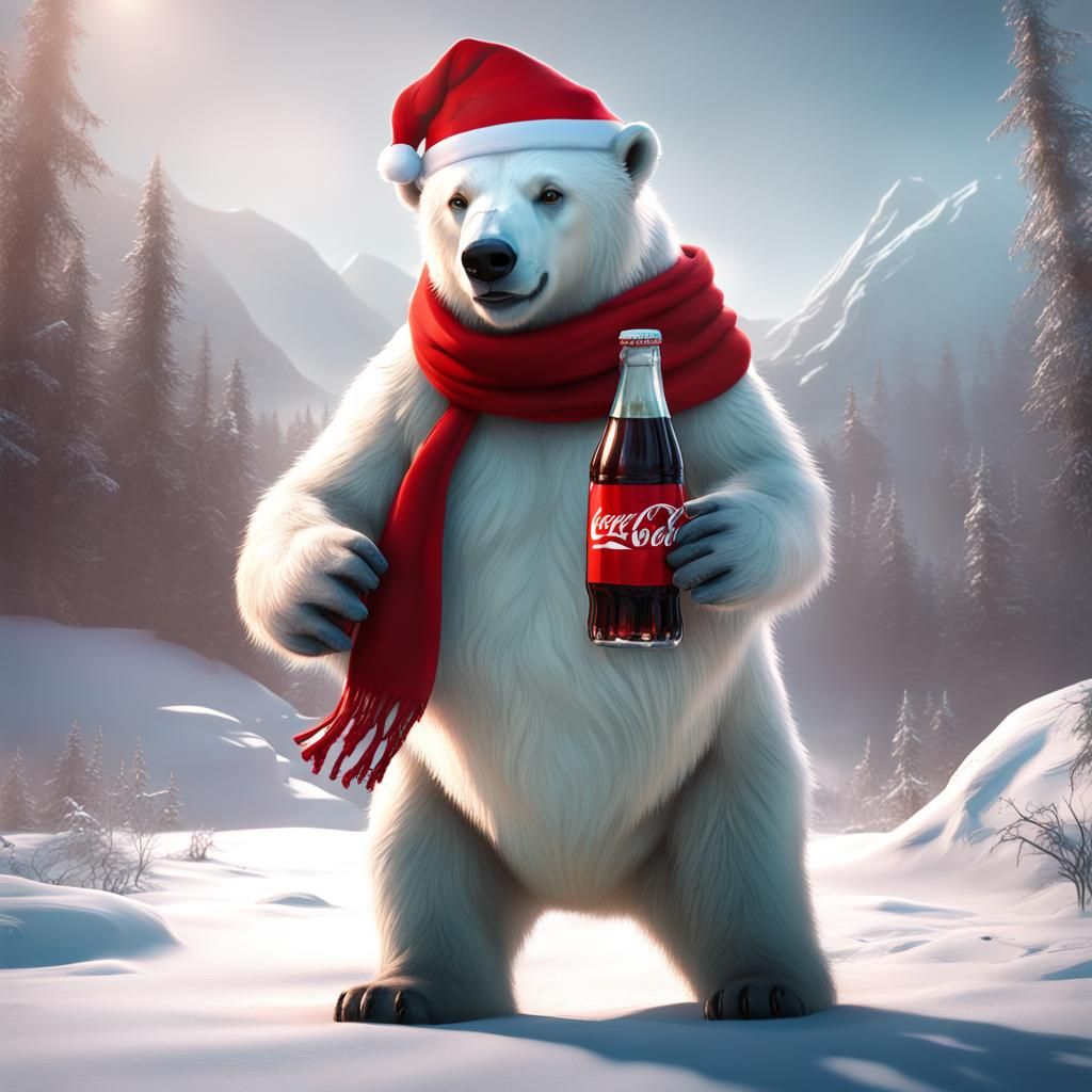 Festive Polar Bear with Coca-Cola: Detailed Matte Painting