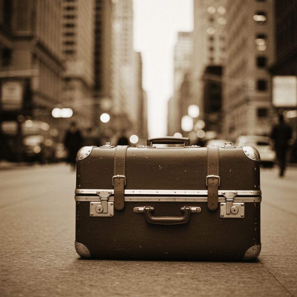Vintage Suitcase on Busy City Street with Cinematic Lighting