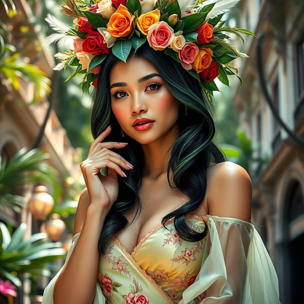 Filipina Woman Portrait with Floral Headdress