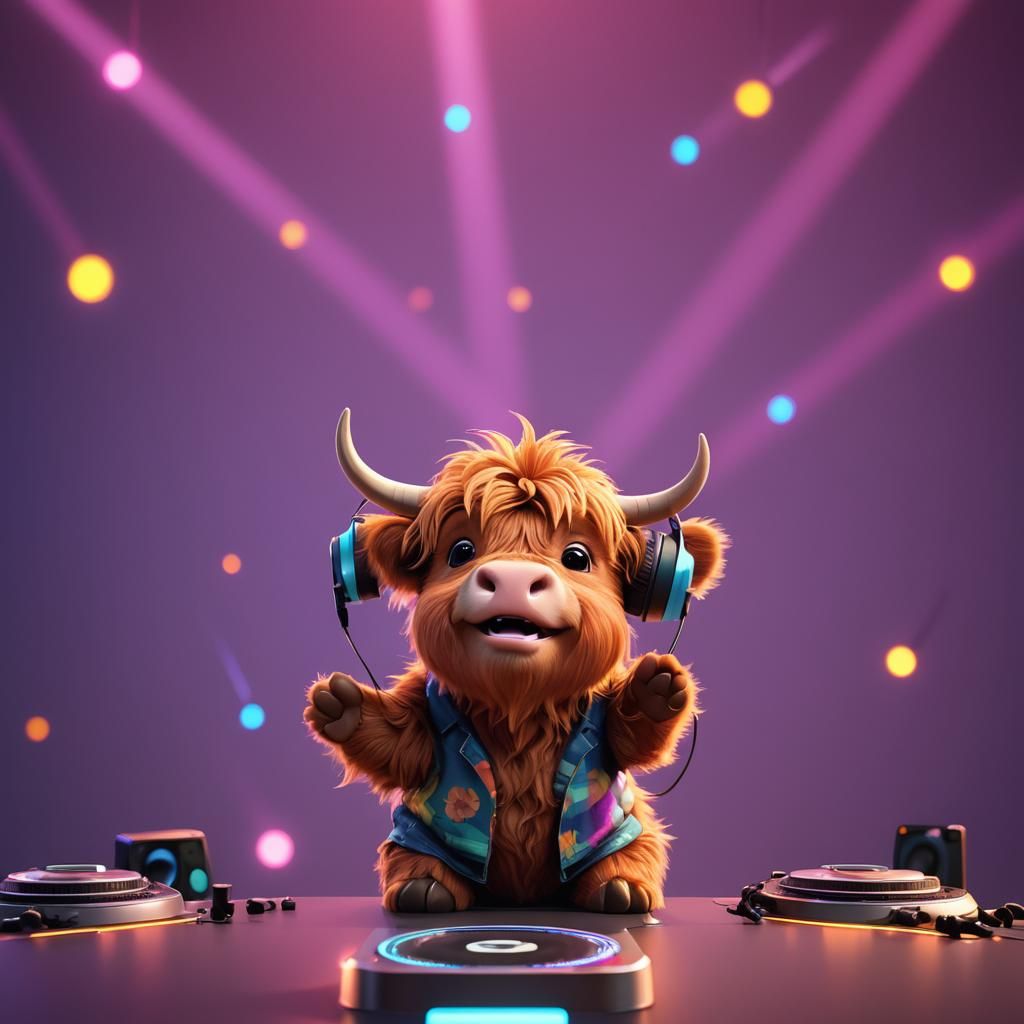 Baby Highland Cow DJ in Pixar Style