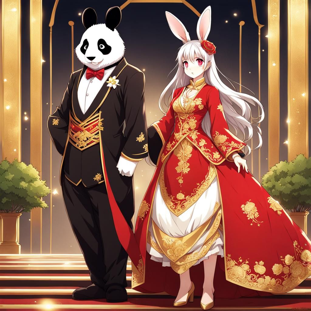 Anime Style Bunny and Panda Holding Hands