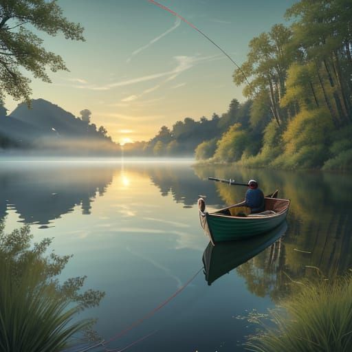 Fisherman at Dawn: Hyper-Realistic Lakeside Scene